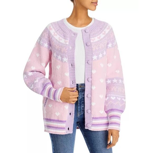 LoveShackFancy Amalo Boyfriend Cardigan Sweater Macaron Pink heart bow size XL - Picture 15 of 16